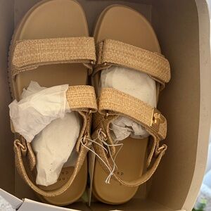 A New Day Tan Woven Strap Women's Sandals with Gold Buckle